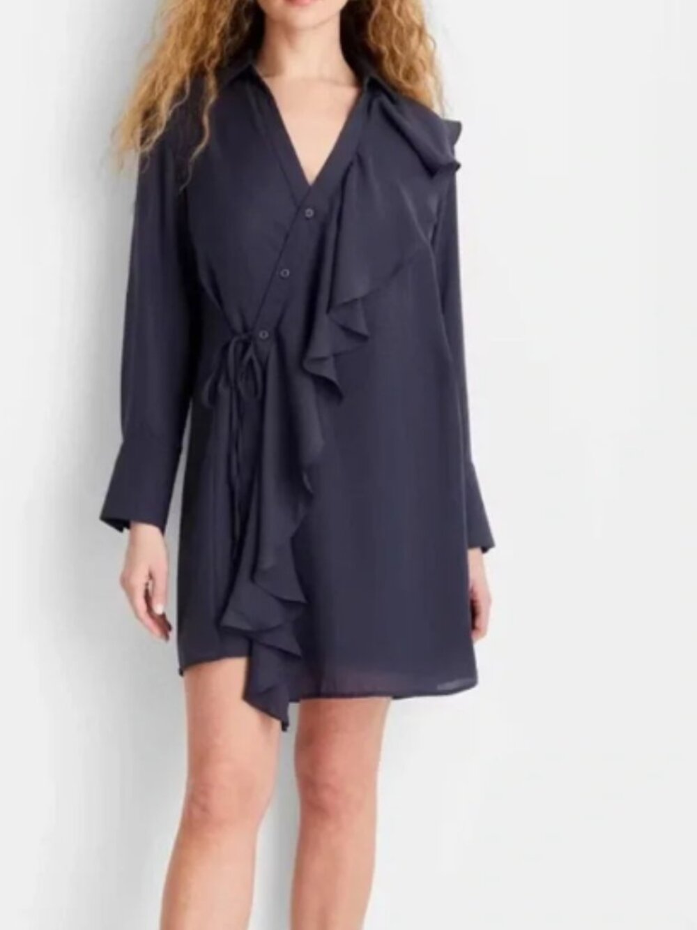 Long Sleeve Asymmetrical Mini Shirtdress - Future Collective Navy